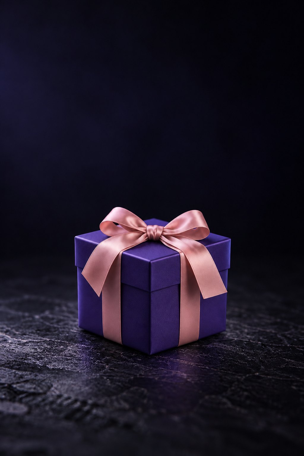 A gift wrapped in amethyst paper with a blush satin bow