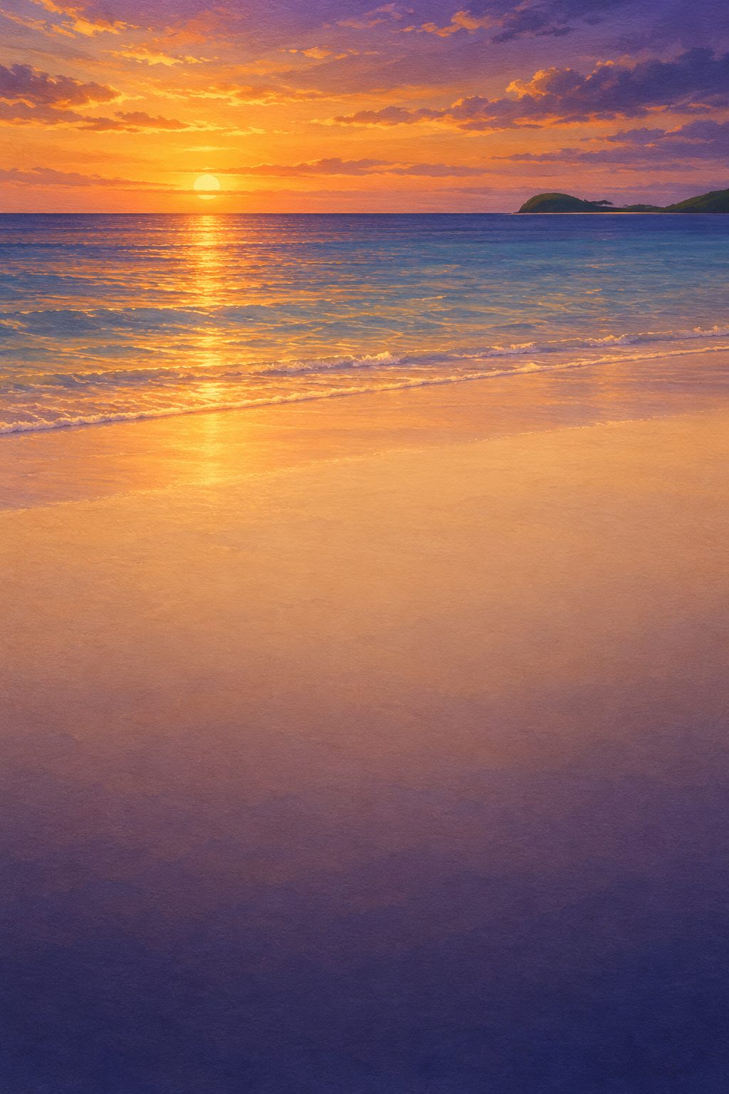 The beach at Navini at golden hour, painted