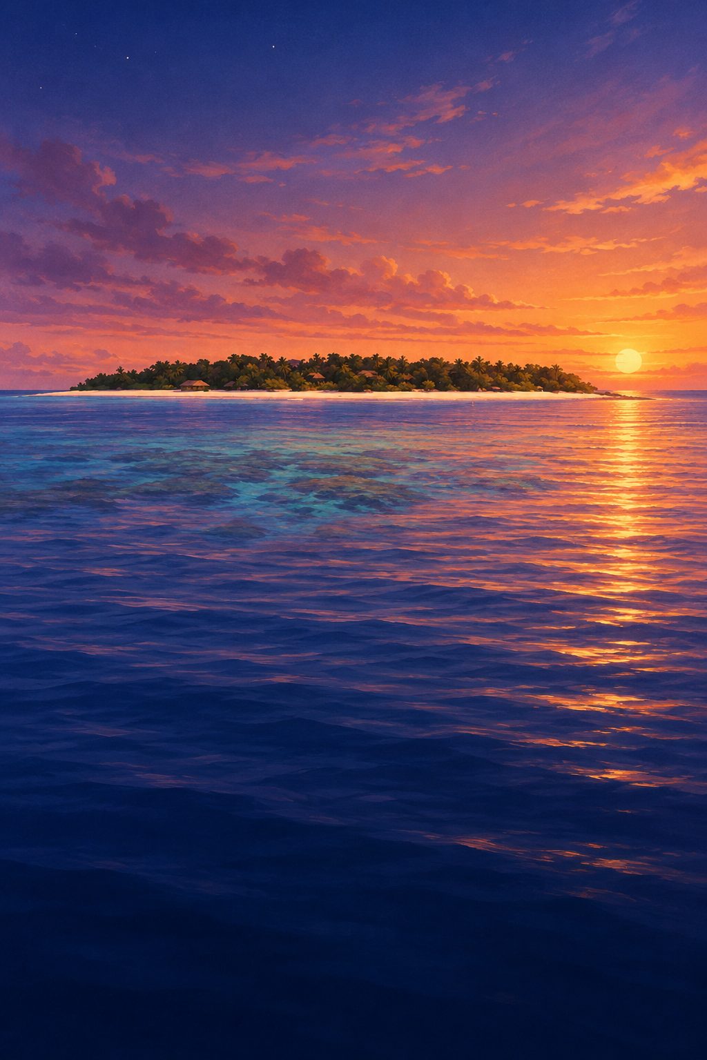 Navini Island at sunset, painted from our photos