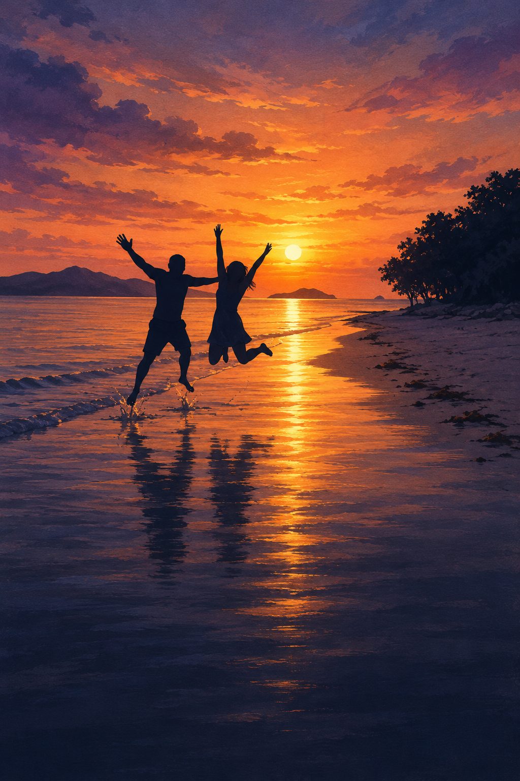The two of us jumping on the beach at sunset, painted from our photo