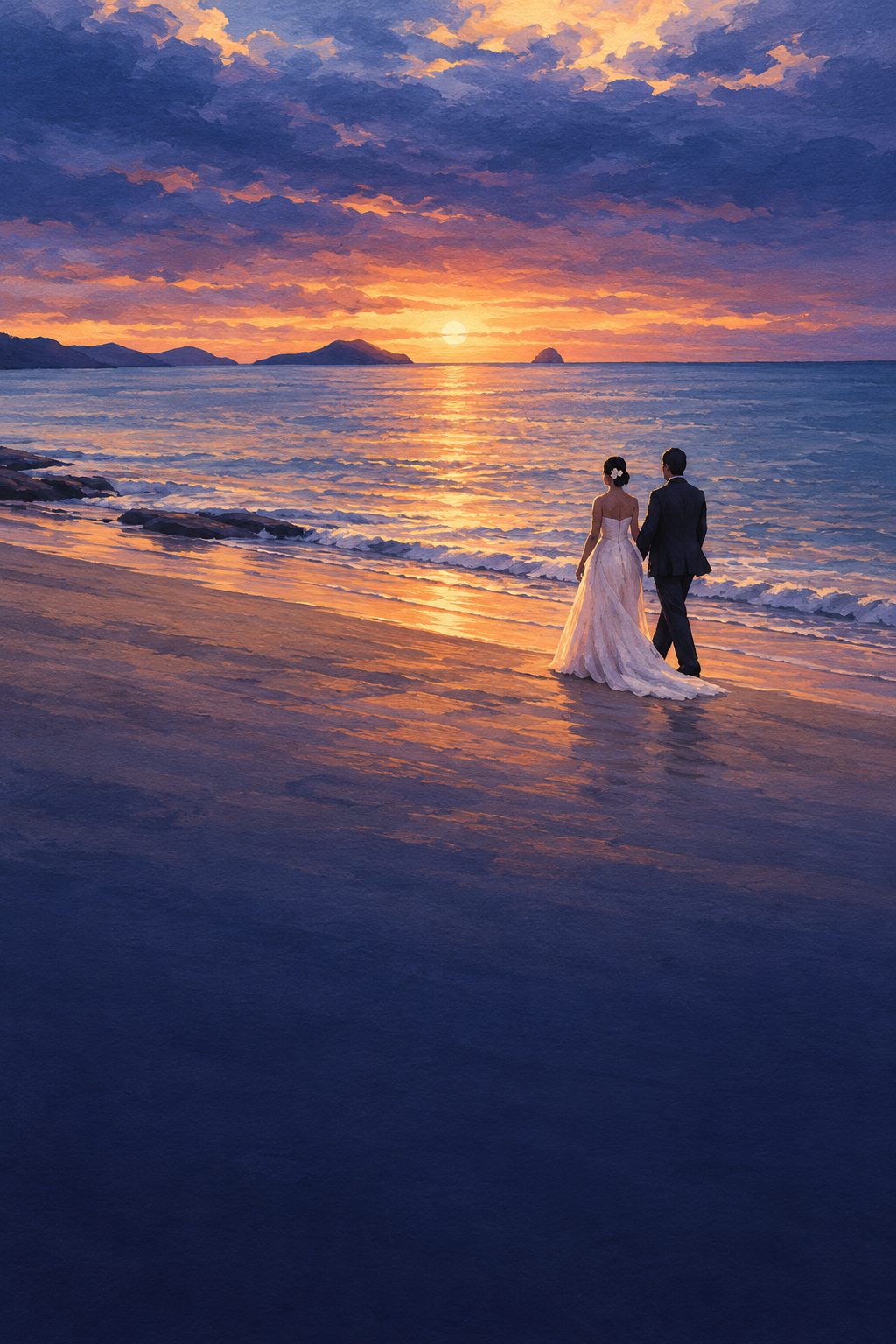 Our wedding walk on the beach at sunset, painted